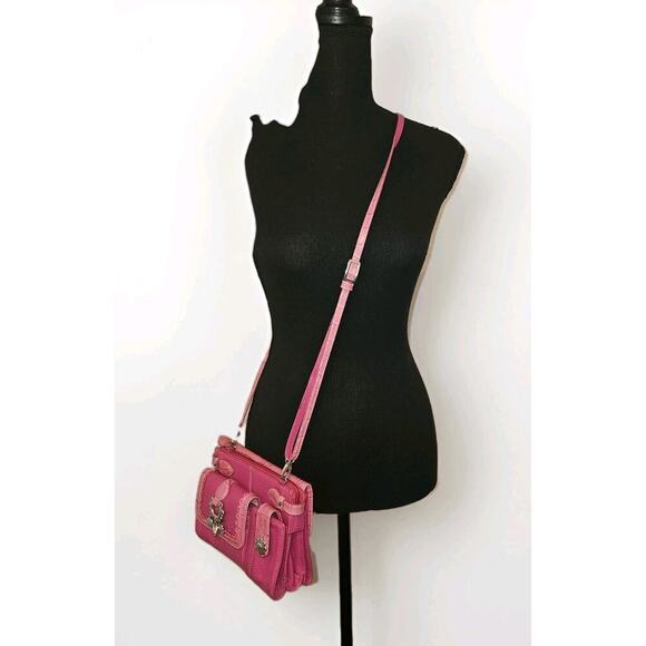 Brighton Pink Leather Croc Embossed Flap Bifold Crossbody Bag Wallet 7.5x6x2.75 - Picture 2 of 11